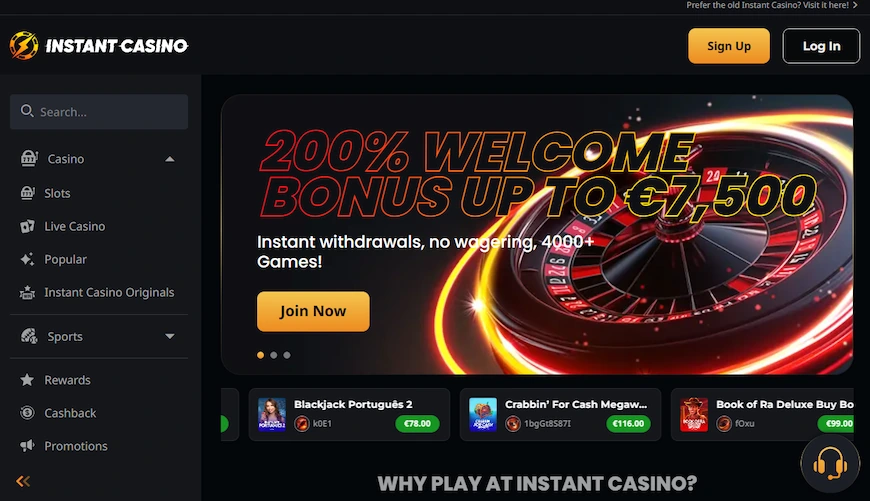 Instant Casino hemsida