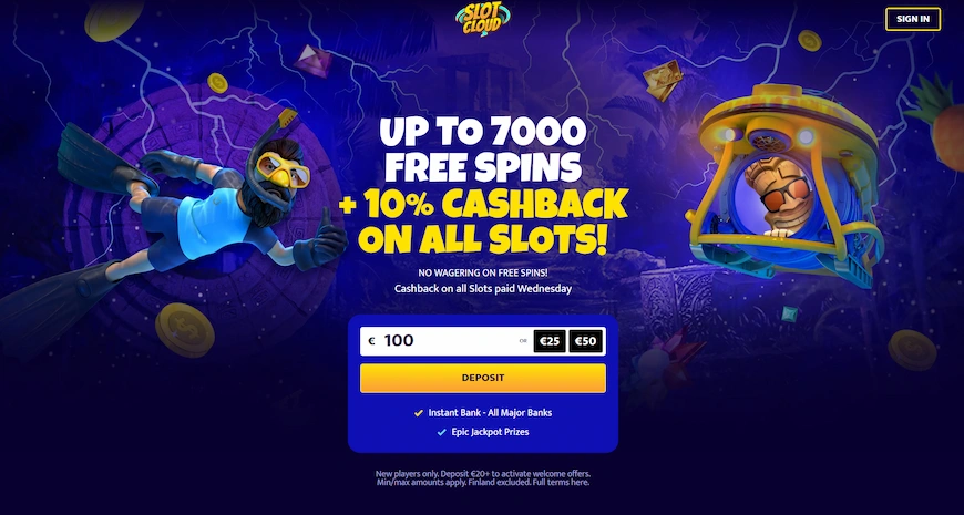 Skärmbild på Slot Cloud Casino hemsida