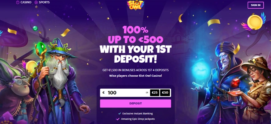 Skärmbild på Slot Owl Casino hemsida