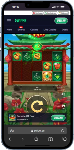 Swiper Casino swipe-funktion från mobiltelefon