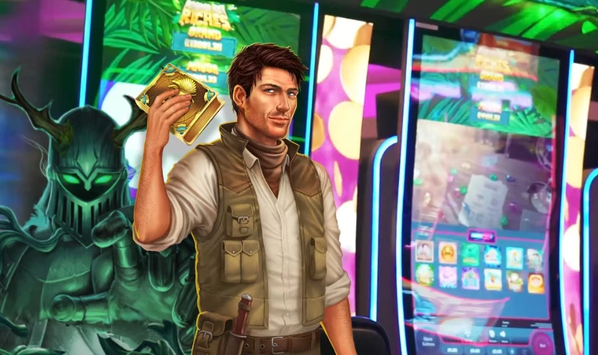 Två kända slotkaraktärer från Play'n GO framför spelautomater i ett landbaserat casino