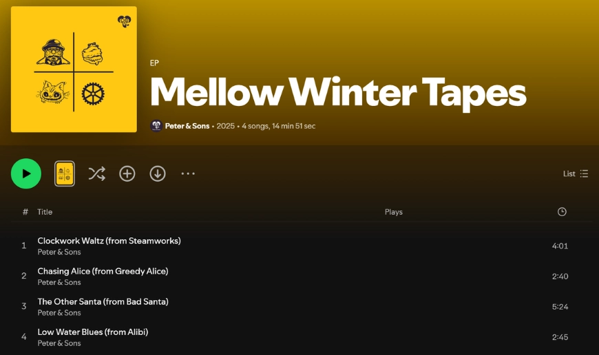 Spotify vy for Peter and Sons EP Mellow Winter Tapes med fyra låtar hämtade fran deras slots