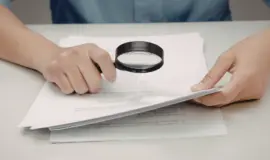Person granskar dokument med förstoringsglas som symboliserar tillsyn och kontroll av spelbolag