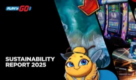Playn GO Sustainability Report 2025 med spelautomater och tecknad bifigur på svart bakgrund