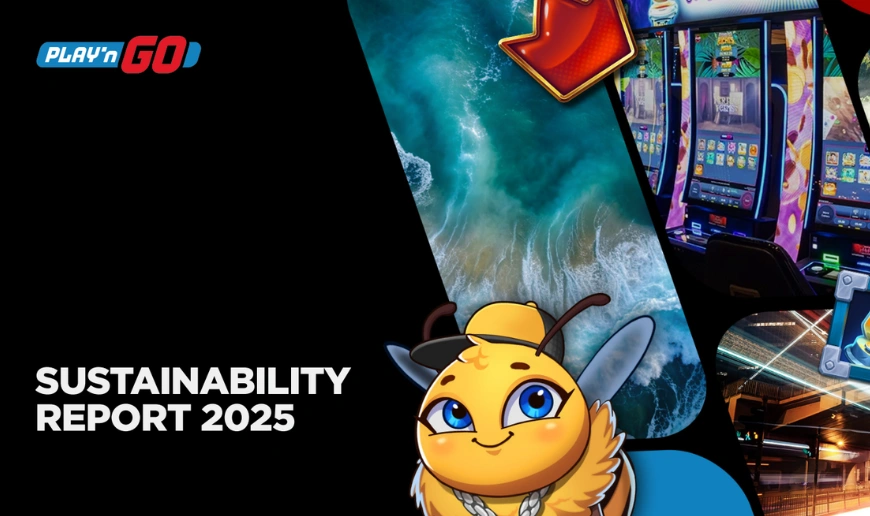 Playn GO Sustainability Report 2025 med spelautomater och tecknad bifigur på svart bakgrund