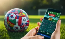 Fotboll med landsflaggor och mobil som visar betting under VM-match