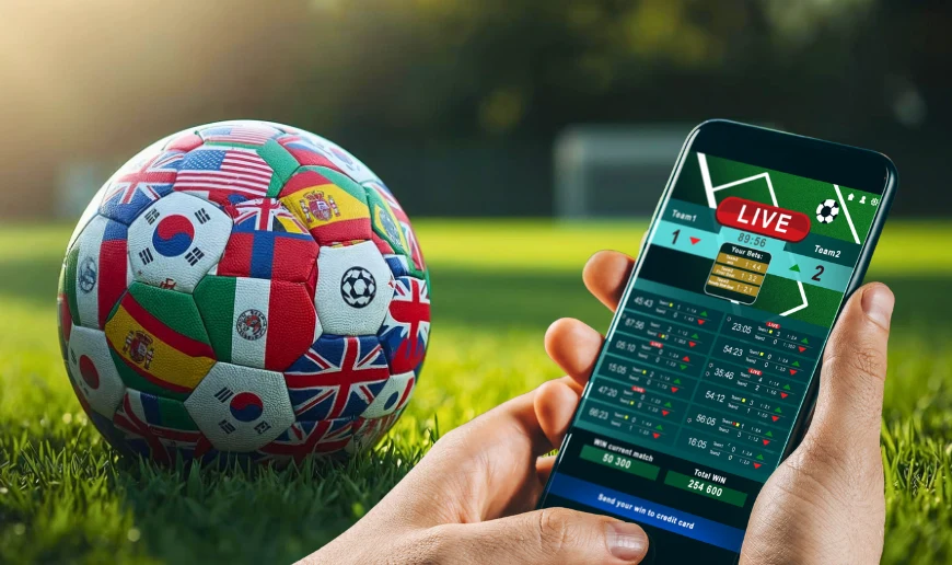 Fotboll med landsflaggor och mobil som visar betting under VM-match