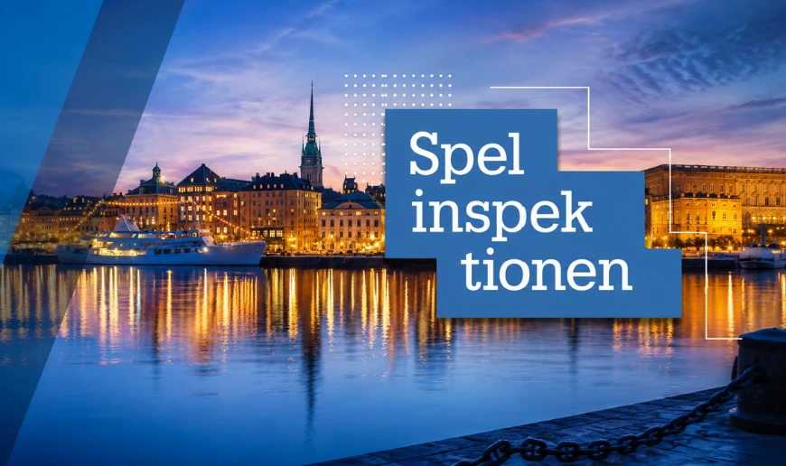 Spelinspektionens logotyp framför Stockholms stadssiluett i kvällsljus